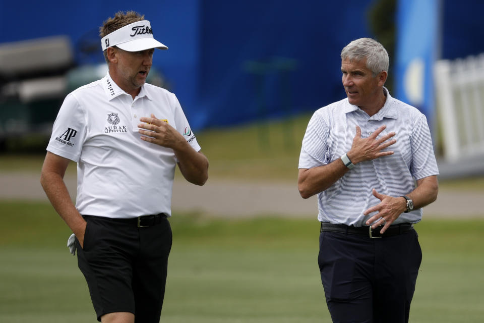Jay Monahan, pictured here speaking to Ian Poulter at the Zurich Classic in April.