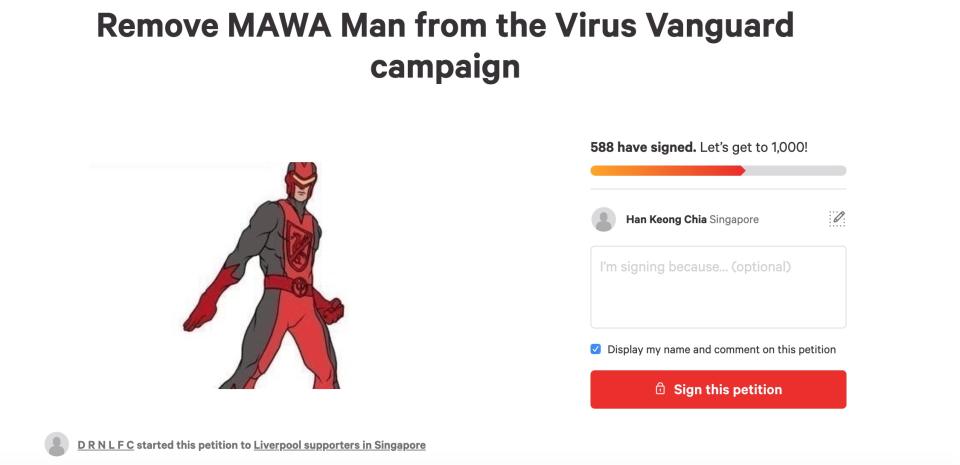 The Change.org petition to remove MAWA Man from the Virus Vanguard campaign. (PHOTO: Screenshot/Change.org)