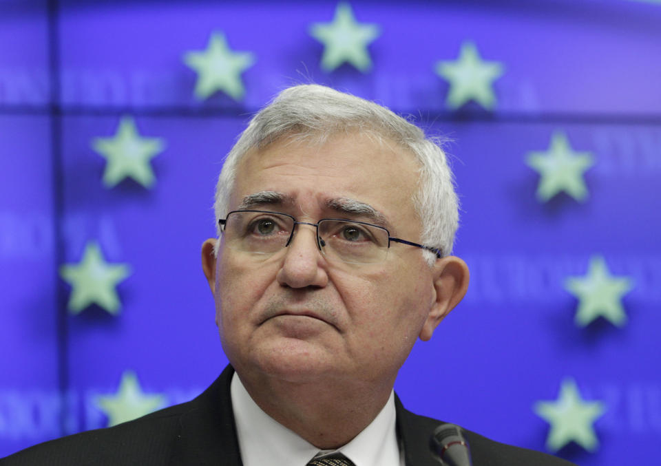 File - In this Jan. 24, 2011 file photo, European Commissioner for Health and Consumer Policy John Dalli addresses the media during an EU agriculture and fisheries council, at the European Council building in Brussels. EU Health Commissioner John Dalli on Tuesday, Oct. 16, 2012 resigned over corruption allegations involving tobacco legislation but denies any wrongdoing. Tuesday’s resignation came after the EU’s anti-fraud office found that he was aware of an attempt at corruption in pushing new legislation on the EU export ban on the tobacco product snus. (AP Photo/Yves Logghe. File)