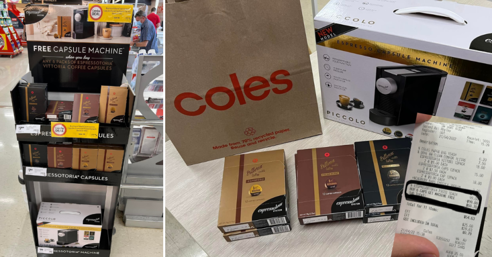 Vittoria coffee promotional stand in Coles; contents of deal with Coles bag and receipt