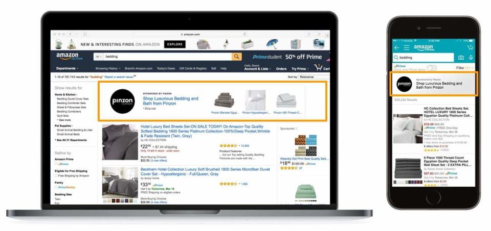 Screenshots on a laptop and smartphone highlighting banner ads in Amazon product search results.