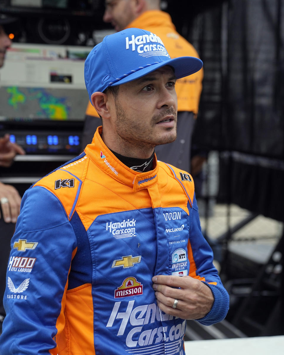 Kyle Larson waits in his pit box during a practice session for the Indianapolis 500 auto race at Indianapolis Motor Speedway, Tuesday, May 14, 2024, in Indianapolis. (AP Photo/Darron Cummings)