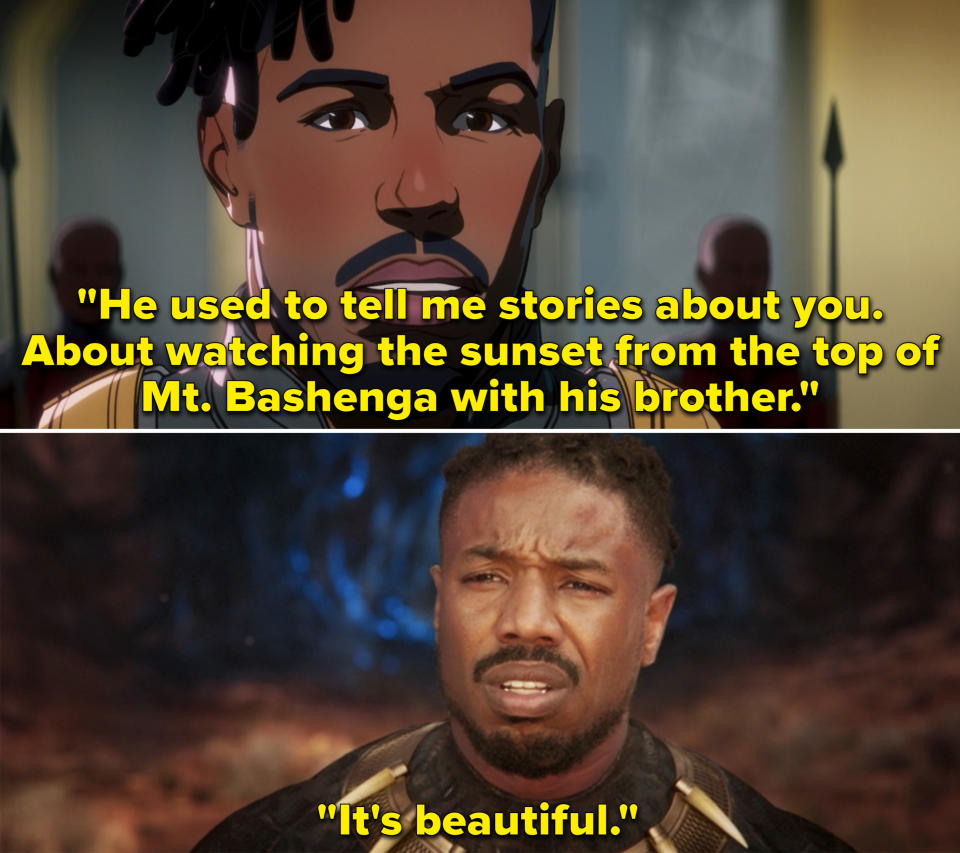 Killmonger saying, "He used to tell me stories about you. About watching the sunset from the top of Mt. Bashenga with his brother"