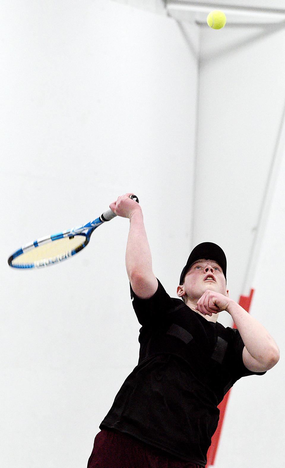 Milbank's Will Snaza serves the ball during flight one doubles action against Yankton during a high school boys tennis triangular on Thursday, April 6, 2023, at the NFAA Easton Center in Yankton.