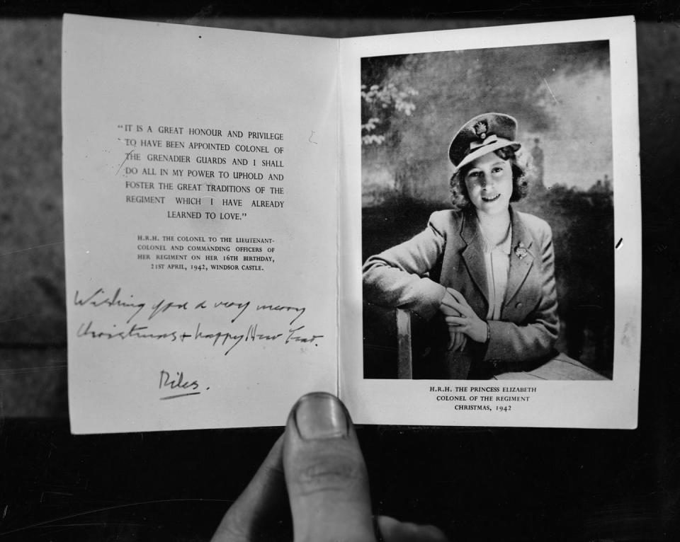 <p>Princess Elizabeth spread Christmas cheer even before she took the throne. Here's a festive card she sent to the Grenadier Guards regiment of the British Army.</p>
