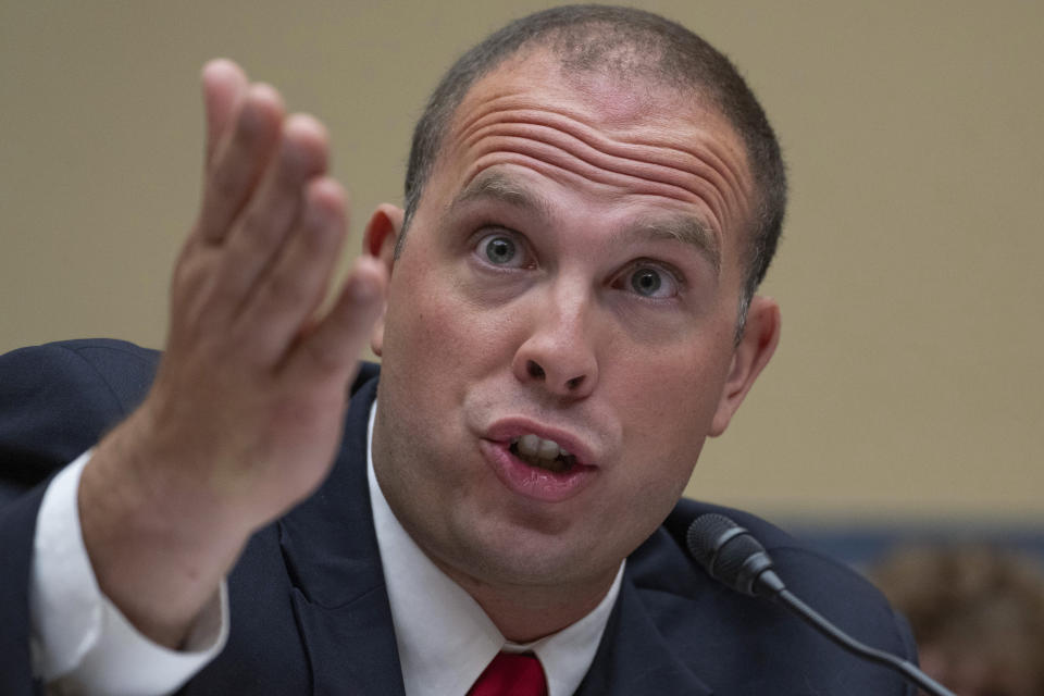 U.S. Air Force (Ret.) Maj. David Grusch, testifies before a House Oversight and Accountability subcommittee hearing on UFOs, Wednesday, July 26, 2023, on Capitol Hill in Washington. (AP Photo/Nathan Howard)