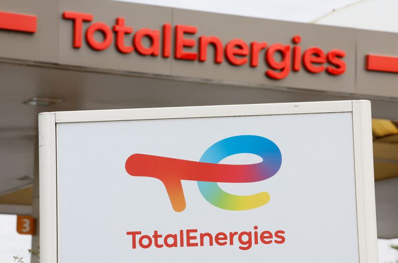 TotalEnergies logos are seen in a gas station in Nice