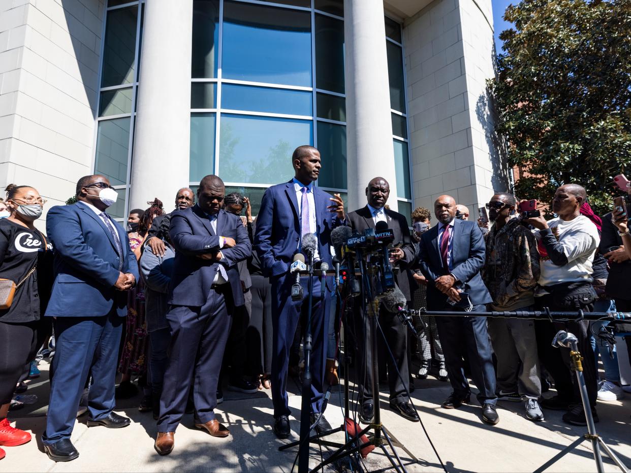 <p>Attorney Bakari Sellers (C), who is representing the family of Andrew Brown, speaks outside the Pasquotank County Sheriff’s Office in Elizabeth City, North Carolina on 26 April 2021</p> ((EPA))