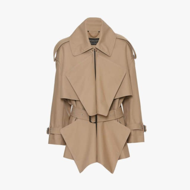 <p>Burberry short paneled trenchcoat, $1,995, <a rel="nofollow noopener" href="http://www.mytheresa.com/en-us/cotton-gabardine-short-panelled-trench-coat-671760.html?gclid=CjwKEAjw19vABRCY2YmkpO2OzTsSJAAzEt8sTCSkdNhUw1XHAD12j8mrSWkPJc6TzYGnQM3AsmaSrxoCB-fw_wcB&mbid=synd_yahoolife" target="_blank" data-ylk="slk:mytheresa.com;elm:context_link;itc:0;sec:content-canvas" class="link ">mytheresa.com</a></p>