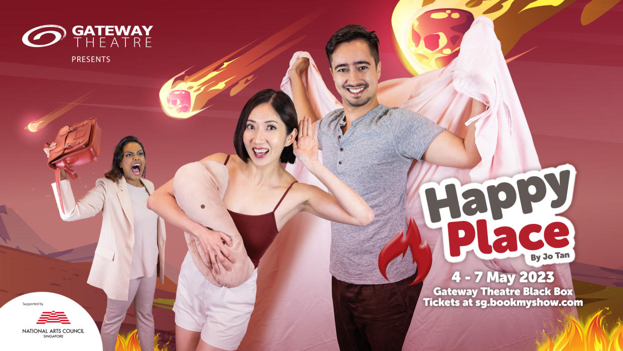 Promotional poster of Happy Place featuring Jo Tan, Rebekah Sangeetha Dorai, and Jamil Schulze