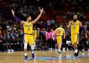 Nov 18, 2018; Miami, FL, USA; Los Angeles Lakers guard Josh Hart (3) reacts after forward LeBron James (not pictured) made a three-point basket against the Miami Heat during the second half at American Airlines Arena. Mandatory Credit: Steve Mitchell-USA TODAY Sports