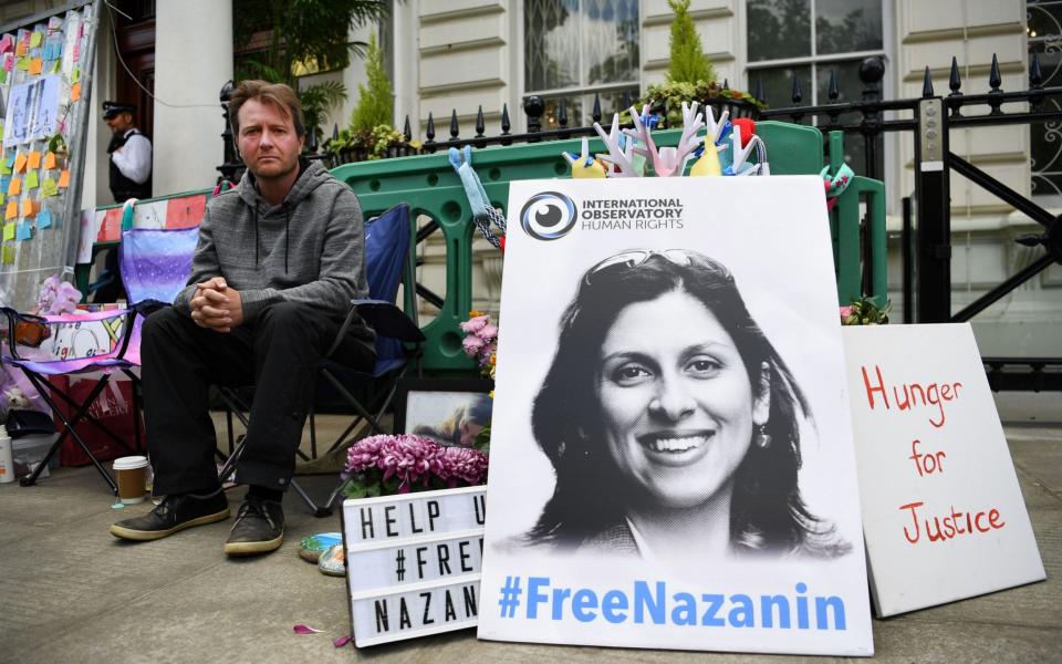 Richard Ratcliffe, the husband of imprisoned Nazanin Zaghari-Ratcliffe, campaigning previously outside the Iranian Embassy in London - Rex 