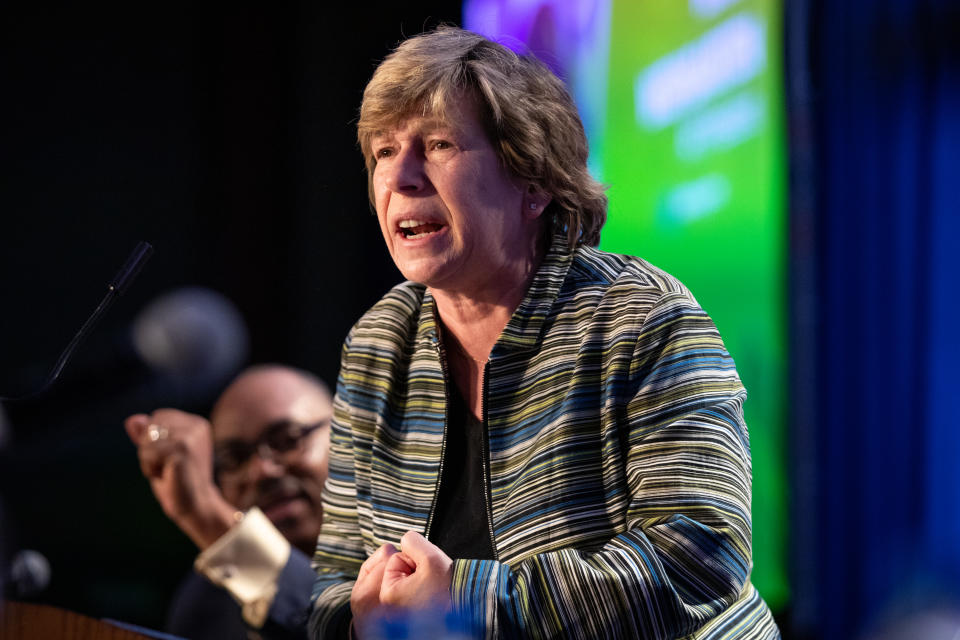 Randi Weingarten, president of the American Federation of Teachers, speaks during the American Federation of Government Employees (AFGE) Legislative and Grassroots Mobilization Conference in Washington, D.C., U.S., on Monday, Feb. 10, 2020.  (Amanda Andrade-Rhoades/Bloomberg via Getty Images)