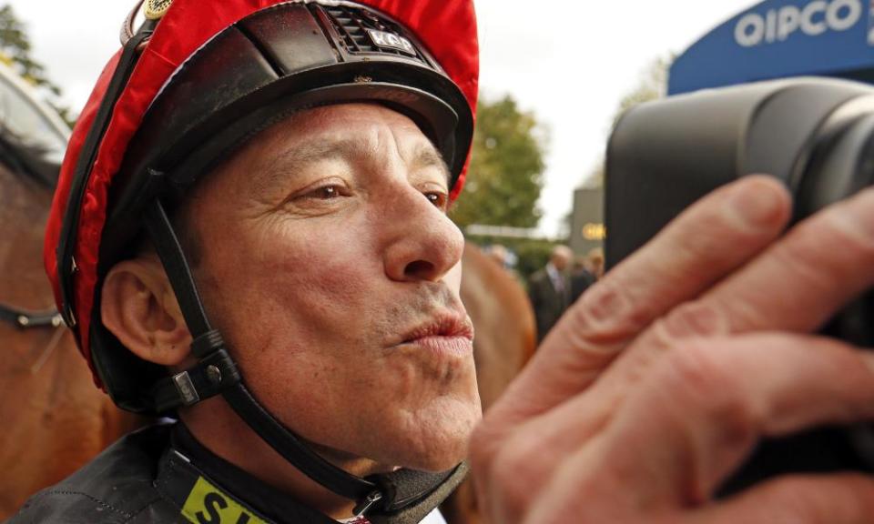 Frankie Dettori playing up to the ITV cameras at Ascot following his victory on Cracksman