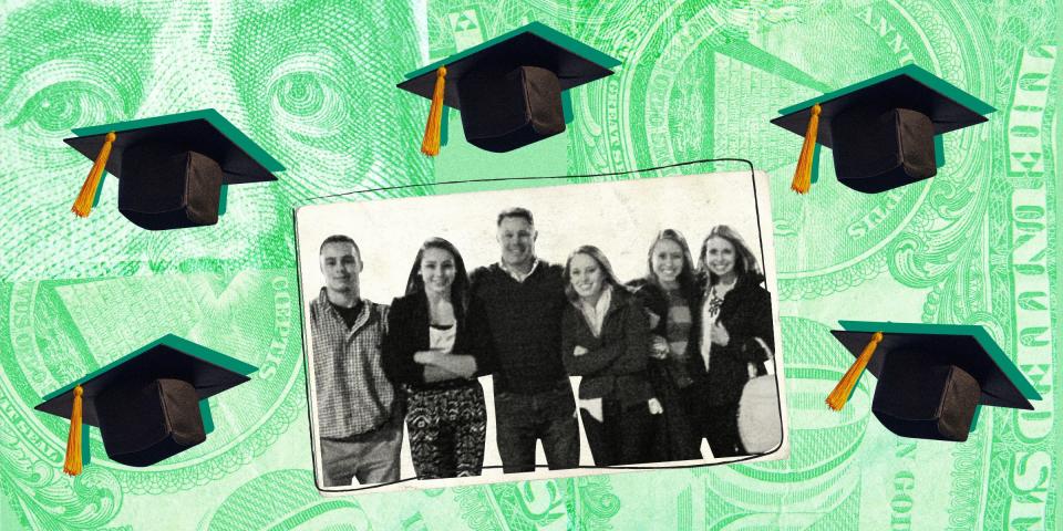 Family photo surrounded by 5 black graduation caps, against a green background made up of collaged close-ups of a 100 dollar bill