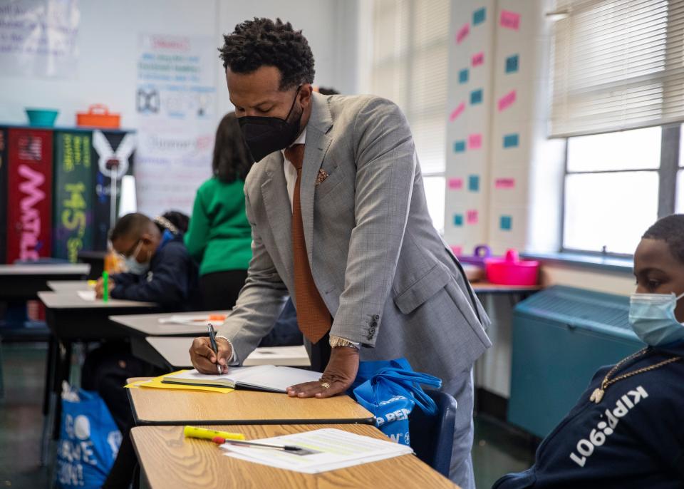 CEO of KIPP Memphis Public Schools, Dr. Antonio Burt, visits classrooms at KIPP Memphis Collegiate Elementary on Wednesday, Nov. 10, 2021.
