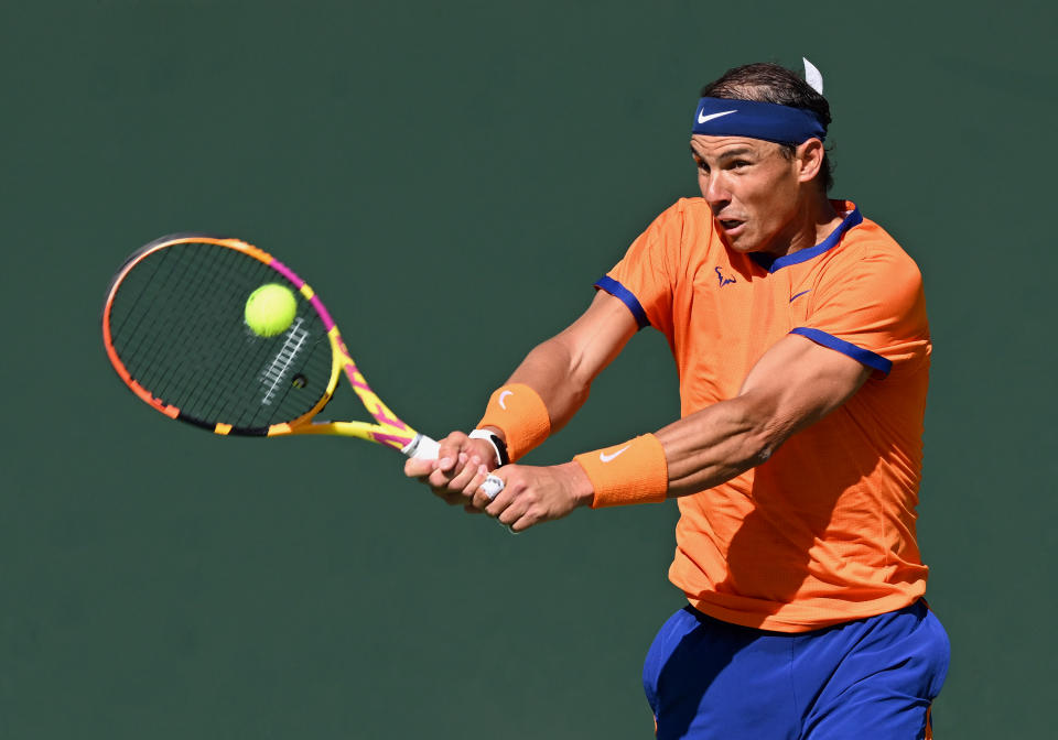 Rafael Nadal, pictured here in action against Nick Kyrgios at Indian Wells.