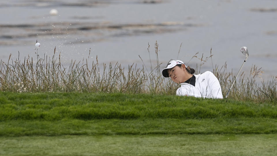 Rose Zhang hits from a bunker to the fifth green during the first round of the U.S. Women's Open golf tournament at the Pebble Beach Golf Links, Thursday, July 6, 2023, in Pebble Beach, Calif. (AP Photo/Darron Cummings)
