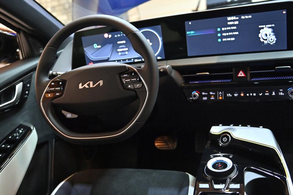 This picture taken on June 1, 2021 shows Kia's new all-electric vehicle, EV6, during its showcase event in Seoul. (Photo by Jung Yeon-je / AFP) (Photo by JUNG YEON-JE/AFP via Getty Images)