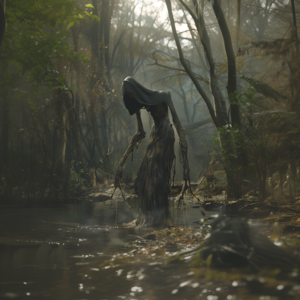 Eerie figure draped in dark tattered robes stands in a foggy swamp, with twisted branches for arms