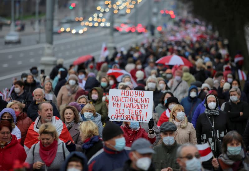 FILE PHOTO: Belarusian opposition supporters hold a rally in Minsk