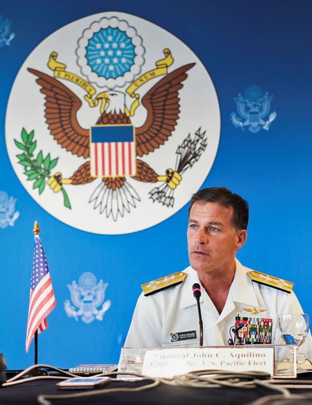 U.S. Admiral John C. Aquilino speaks during a news conference in Bangkok