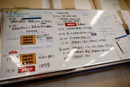 A timeline of the disaster control is displayed at disaster countermeasures headquarters at Kurashiki city government office in Kurashiki, Okayama Prefecture, Japan, July 14, 2018. Picture taken July 14, 2018. REUTERS/Issei Kato