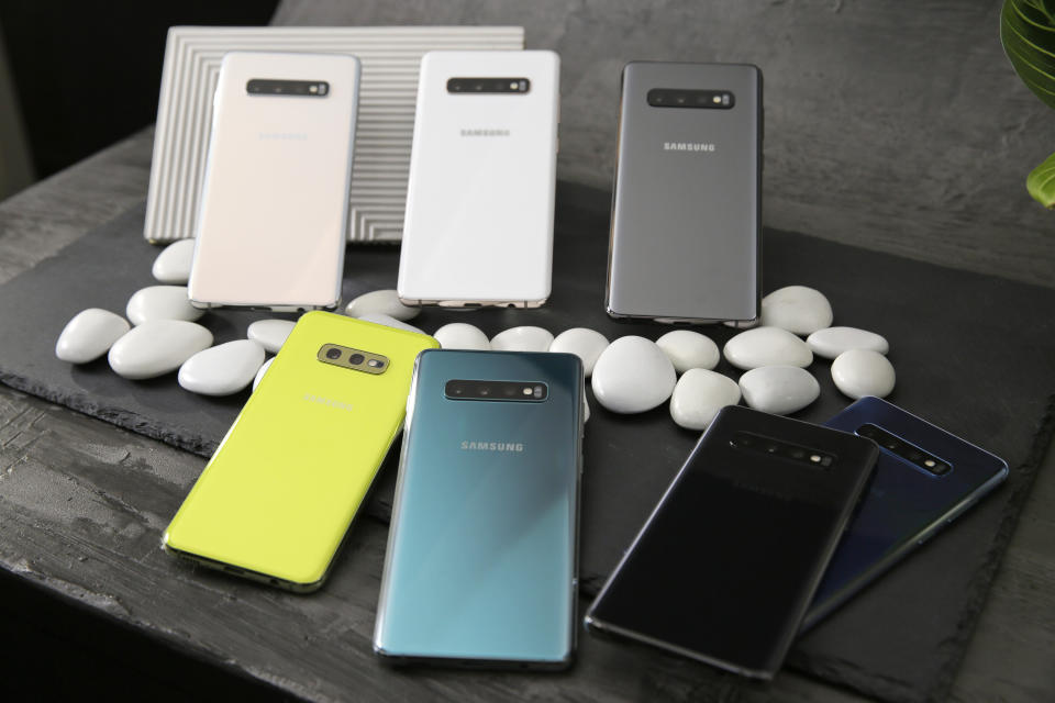 In this Tuesday, Feb. 19, 2019, photo are a selection of the new Samsung Galaxy S10 smartphones during a product preview in San Francisco. (AP Photo/Eric Risberg)