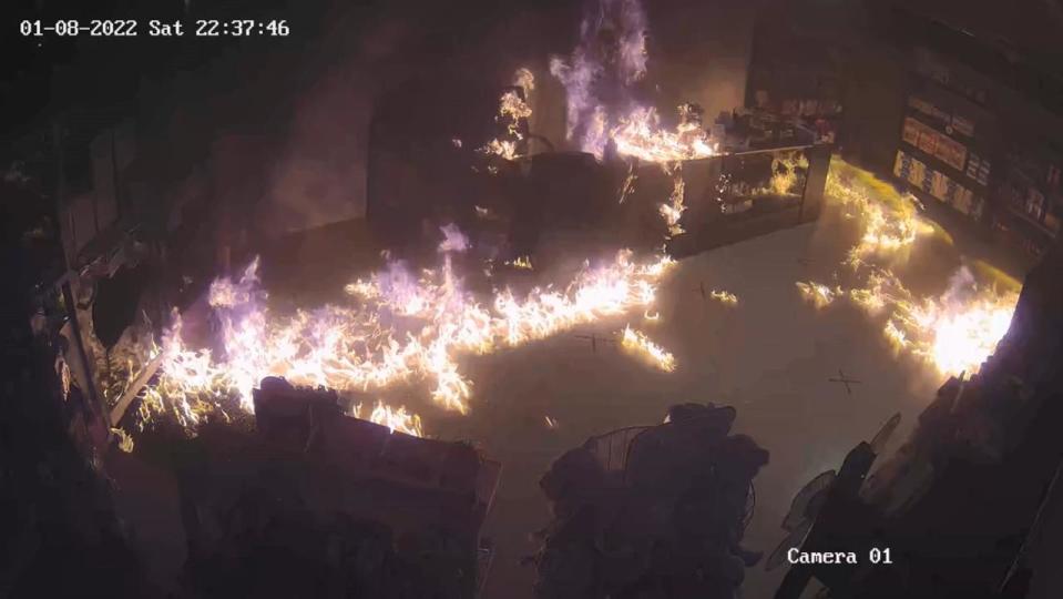 Footage of a arson attack on another convenience store earlier this year in Ballarat. Picture: Supplied