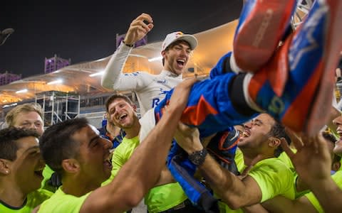 Pierre Gasly of Scuderia Toro Rosso and France celebrates finishing in 4th position during the Bahrain Formula One Grand Prix at Bahrain International Circuit on April 8, 2018 in Bahrain, Bahrain - Credit: Getty Images