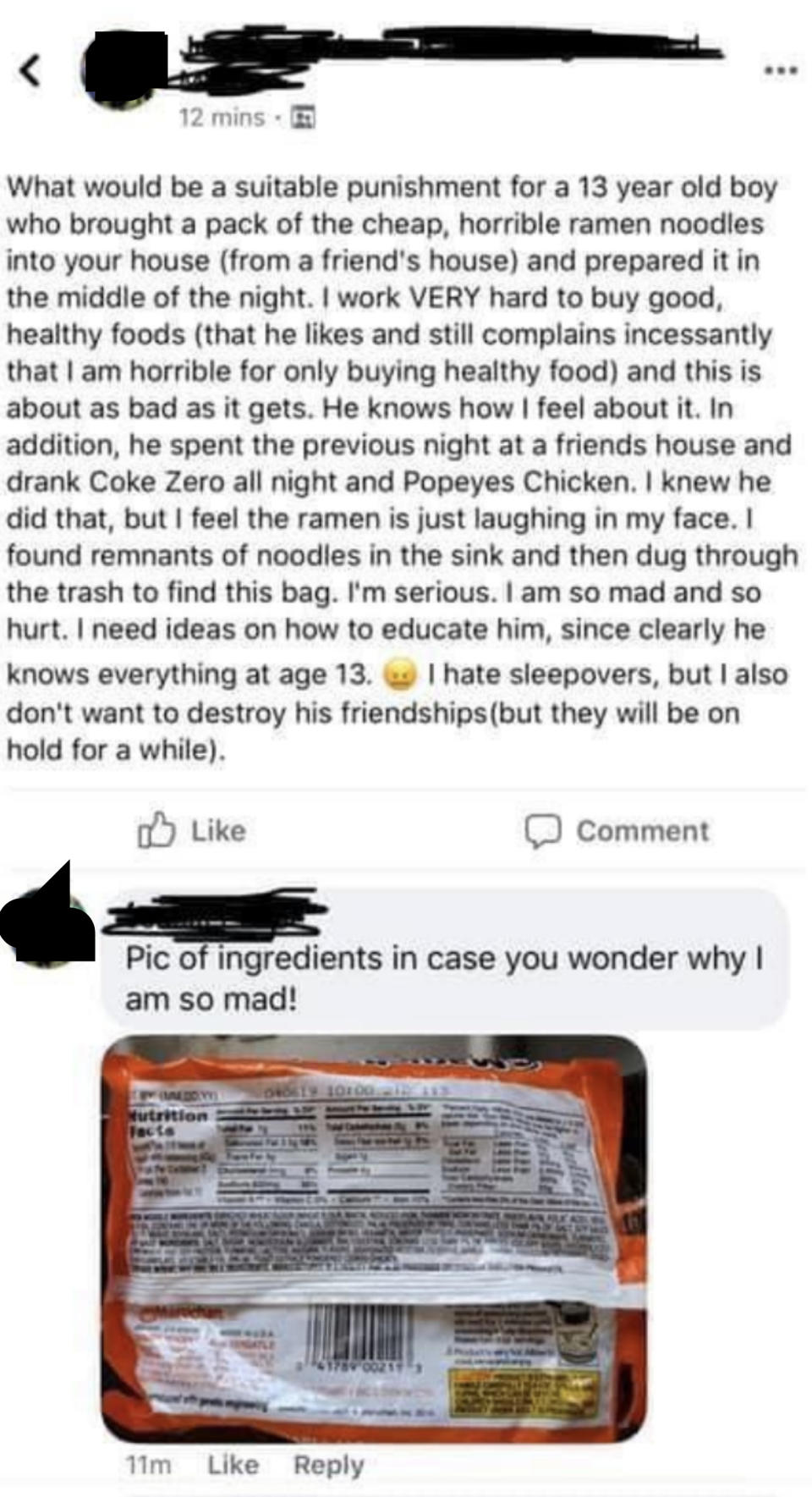 A parent asking a social media community for a suitable punishment for her child for bringing instant ramen noodles into their house and eating them at night