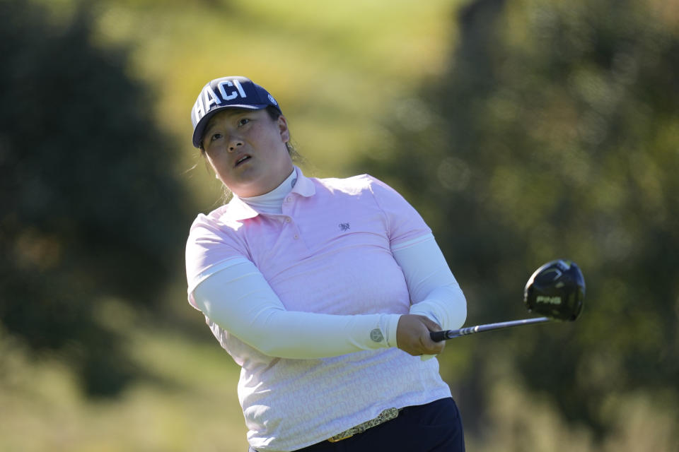 Angel Yin of the United States watches her tee shot on the second hole during the final round of the BMW Ladies Championship at the Seowon Hills Country Club in Paju, South Korea, Sunday, Oct. 22, 2023. (AP Photo/Lee Jin-man)