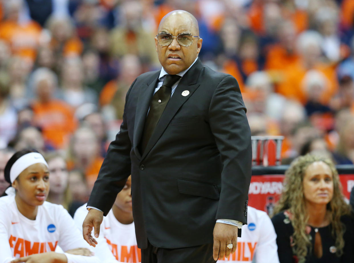 SYRACUSE, NY - MARCH 25: Head coach Quentin Hillsman of the Syracuse Orange reacts to a call against the South Dakota State Jackrabbits during the second half in the second round of the 2019 NCAA Women's Basketball Tournament at the Carrier Dome on March 25, 2019 in Syracuse, New York. South Dakota State defeated Syracuse 75-64. (Photo by Rich Barnes/Getty Images)