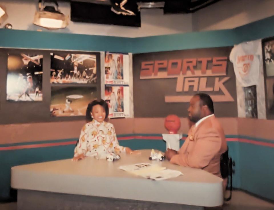 With training from the Specs Howard School of Media Arts in Southfield, Detroit native Stephanie Young covered the local sports scene, including the Detroit Lions, for “Sportstalk,” which aired from 1988 through 1998 on Barden Cablevision TV-6. Young, pictured on the program’s set with the late Quentin King, hopes to reconnect with the Lions during a media day event if the team advances to Super Bowl LVIII, which will be played in Las Vegas, where Young now lives.