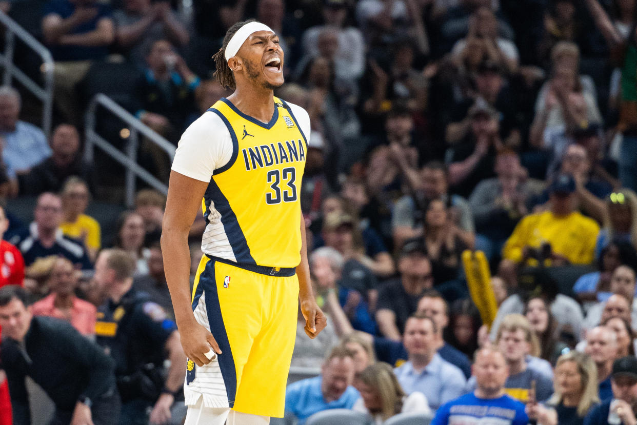 Myles Turner led a historic Pacers scoring effort Sunday with 32 points. (Trevor Ruszkowski/Reuters)