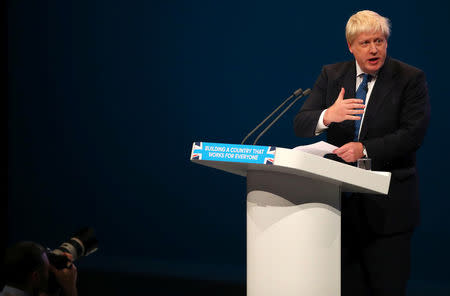 Britain's Secretary of State for Foreign and Commonwealth Affairs Boris Johnson addresses the Conservative Party conference in Manchester, October 3, 2017. REUTERS/Hannah McKay