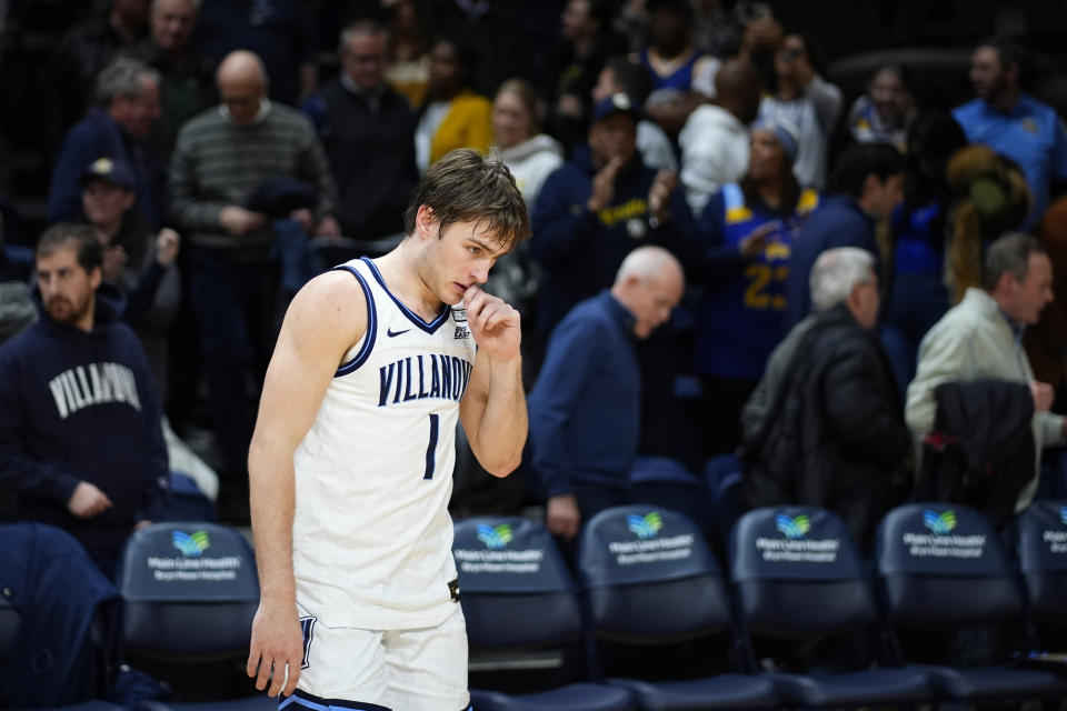 Villanova's Brendan Hausen walks to the locker room after an NCAA college basketball game against Marquette, Tuesday, Jan. 30, 2024, in Villanova, Pa. (AP Photo/Matt Slocum)