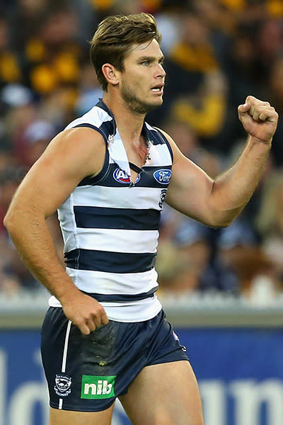 Tom Hawkins booted five in Geelong's thrilling win over Hawthorn