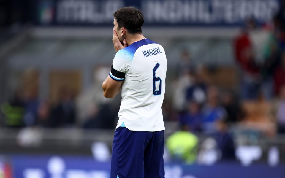  Harry Maguire of England looks dejected during the UEFA Nations League League A Group 3 match between Italy and England at San Siro on September 23, 2022 in Milan, Italy - Sportinfoto/DeFodi Images via Getty Images