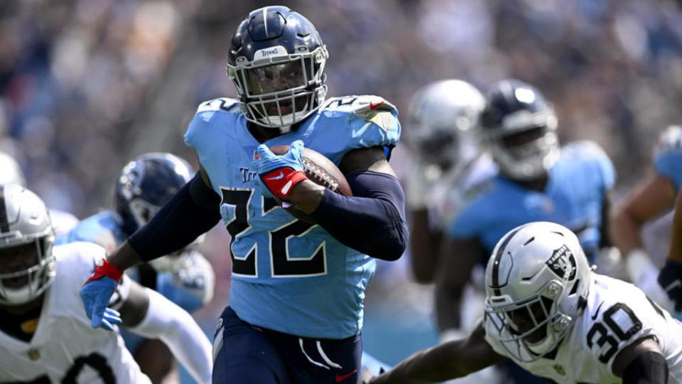 Tennessee Titans running back Derrick Henry (22) carries the ball against the Las Vegas Raiders in the first half of an NFL football game Sunday, Sept. 25, 2022, in Nashville, Tenn. / Credit: AP Photo