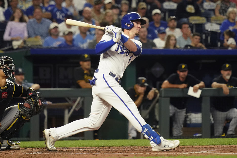 Kansas City Royals' Drew Waters watches his RBI line out during the fourth inning of a baseball game against the Pittsburgh Pirates Tuesday, Aug. 29, 2023, in Kansas City, Mo. (AP Photo/Charlie Riedel)