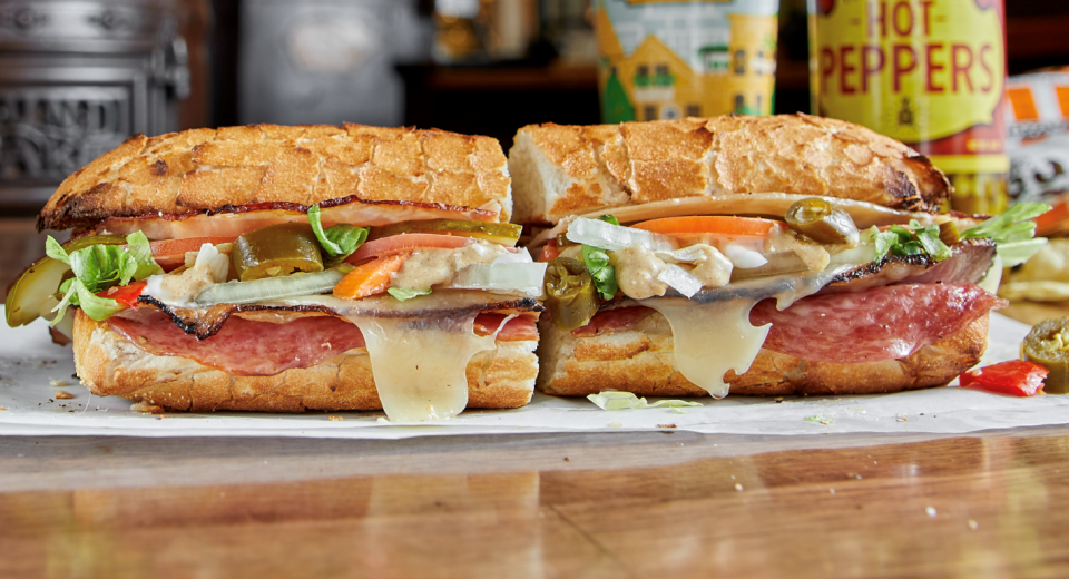 Potbelly's "A Wreck" sandwich is made with turkey breast, hickory smoked ham, Angus roast beef, salami and Swiss cheese.