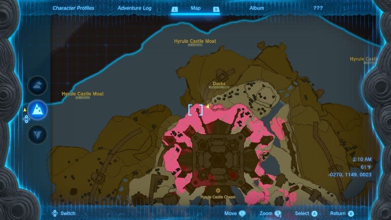 The Tears of the Kingdom map shows the location of the Hyrule Castle docks.