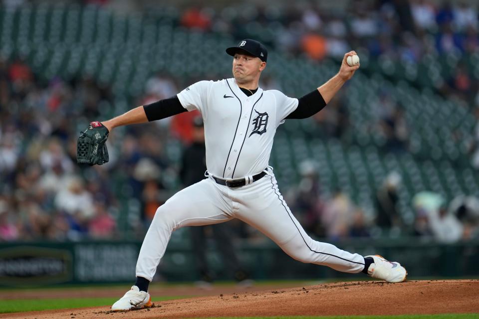 Detroit Tigers pitcher Tarik Skubal throws against the Chicago Cubs in the first inning at Comerica Park in Detroit on Wednesday, Aug. 23, 2023.