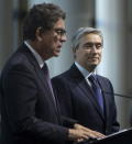 Canadian Foreign Affairs Minister Francois-Philippe Champagne looks on as Peruvian Foreign Minister Gustavo Meza Cuadra responds to a question during the closing news conference at the Lima Group Ministerial meetings in Gatineau, Quebec, Thursday, Feb. 20, 2020. (Adrian Wyld/The Canadian Press via AP)