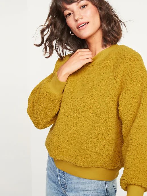 This Loose Cozy Sherpa Sweatshirt for Women is available in sizes XS to XXL and nine colors. <a href="https://fave.co/36qx8cD" target="_blank" rel="noopener noreferrer">Get it on sale for 50% off (normally $35) at Old Navy.﻿</a>