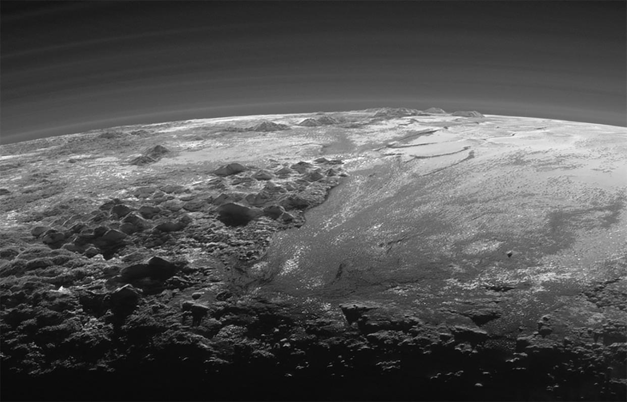 A close-up view of the icy mountains and flat ice plains on Pluto in this photo released Sept. 17 (Reuters)