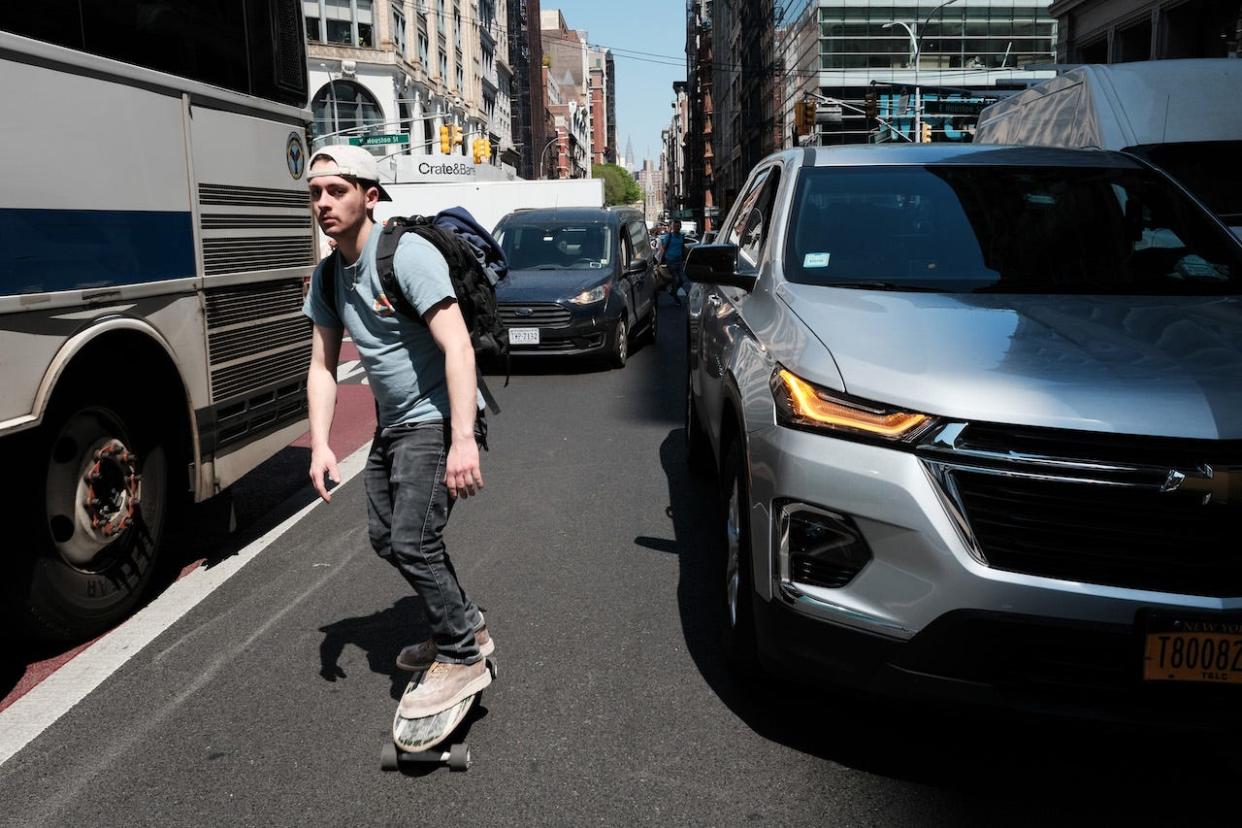 Traffic moves through downtown Manhattan on April 21, 2023 in New York City. Local politicians and transit advocates are demanding the immediate implementation of New York’s Central Business District (CBD) Tolling Program, also known as “congestion pricing."