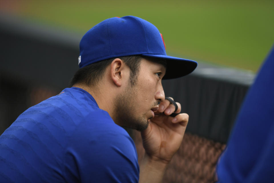 Chicago Cubs' Seiya Suzuki, of Japan, looks on from the dugout during the fourth inning of a baseball game against the Chicago White Sox at Guaranteed Rate Field, Saturday, May 28, 2022, in Chicago. (AP Photo/Paul Beaty)