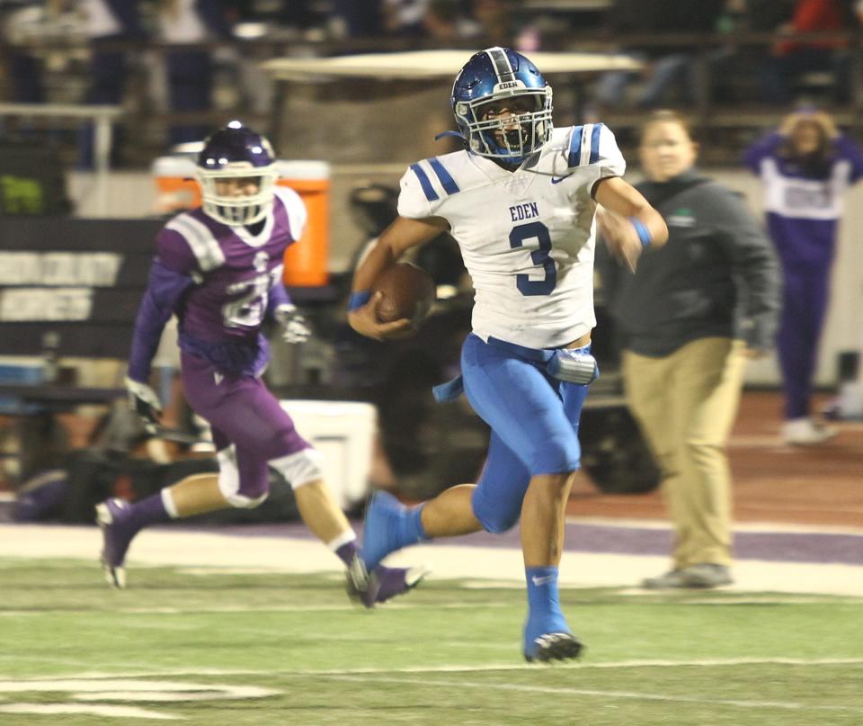 Eden High School's Julian Gamboa races downfield against Irion County in a District 14-1A Division I football game Friday, Nov. 5, 2021 at O.K. Wolfenbarger Field in Mertzon.